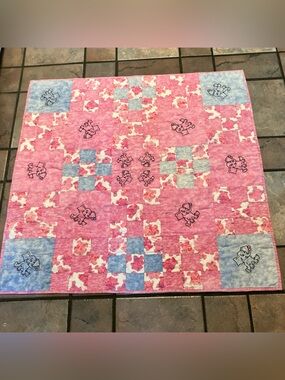 Handmade Pink Baby Quilt with Blue Accents